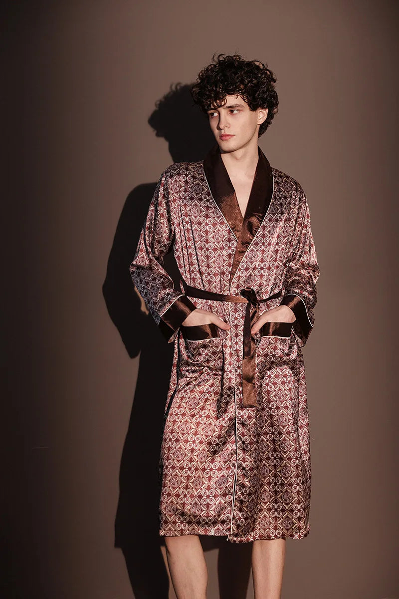Pajama Men's Robe Kimono Gown Bathrobe with Pockets Print Sleepwear Home Clothing Spring Autumn Satin Nightwear Loose Loungewear