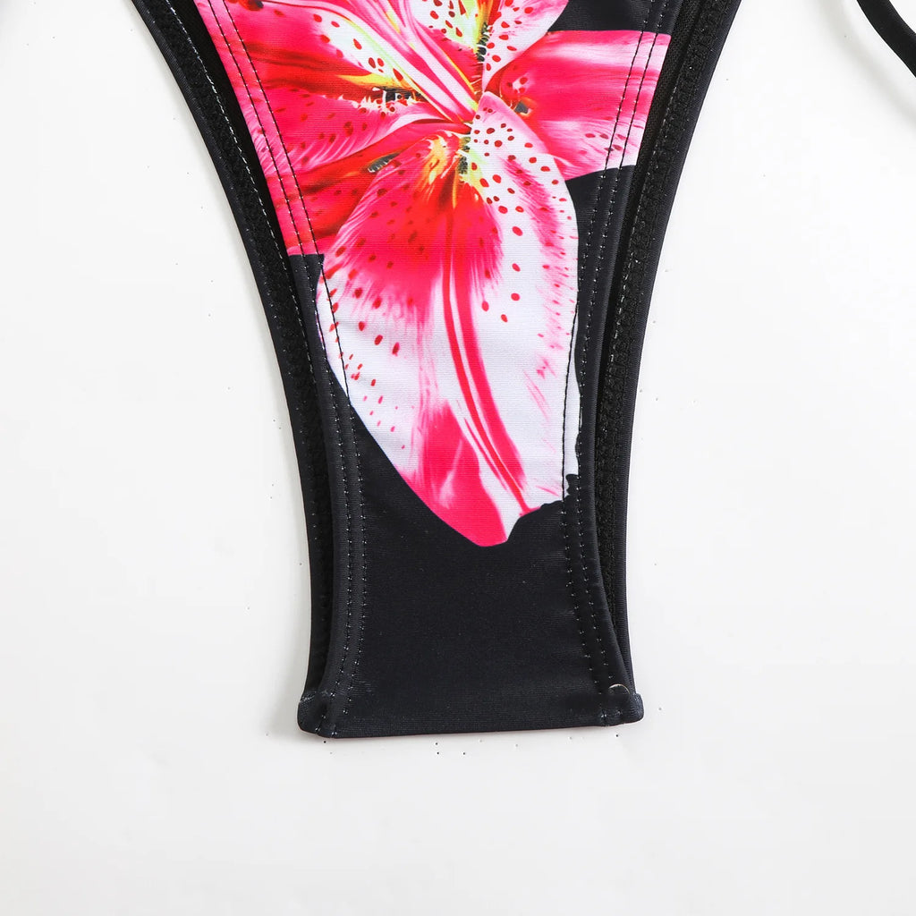 Sexy Micro Bikini 2025 Women Black Floral Print Push Up Bra Tie Side Thong Swimsuit Brazilian Beach Bathing Suit Pool Swimwear