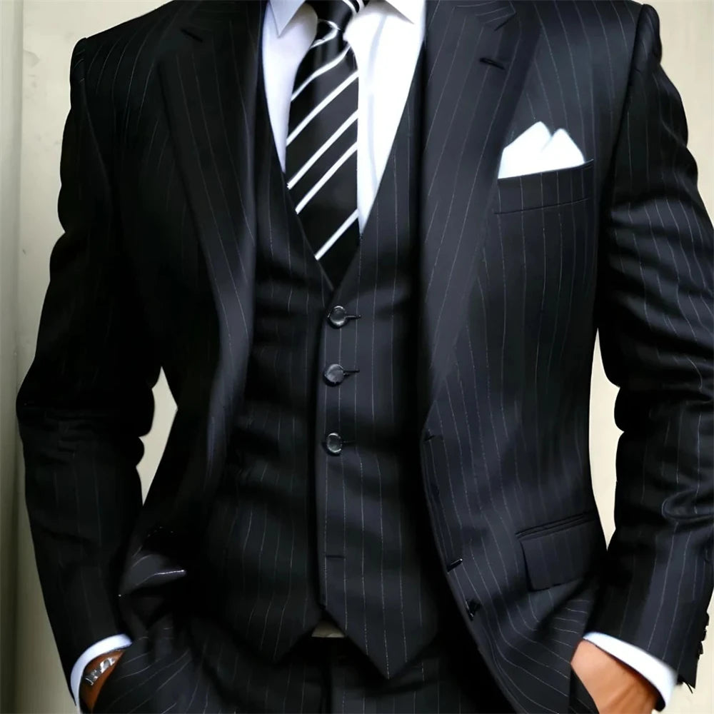 Elegant Men's Suits Luxury Stylish Black Pinstriped 3 Piece Suit for Men Wedding Business Event (Jacket+Vest+Pants)