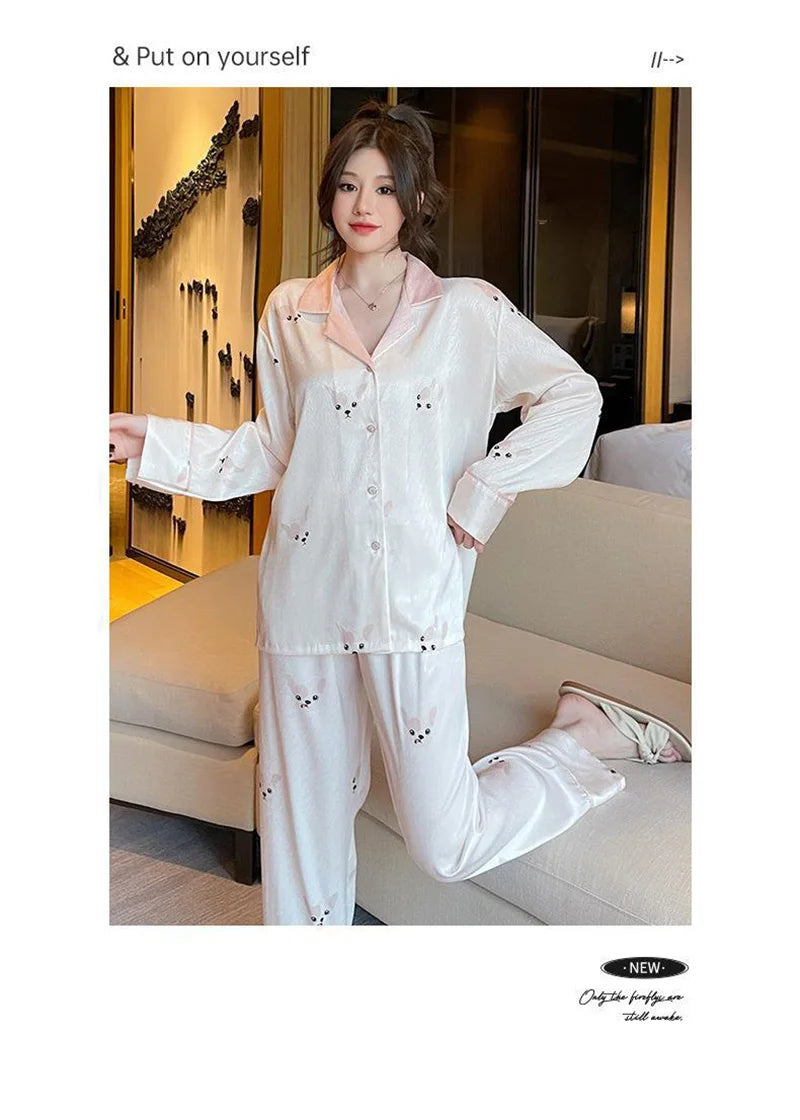 Maternity 2-Piece Set of Ice Silk Pajamas Comfortable Silk Long-Sleeved Trousers Herringbone Pattern Jacquard Silk Loungewear