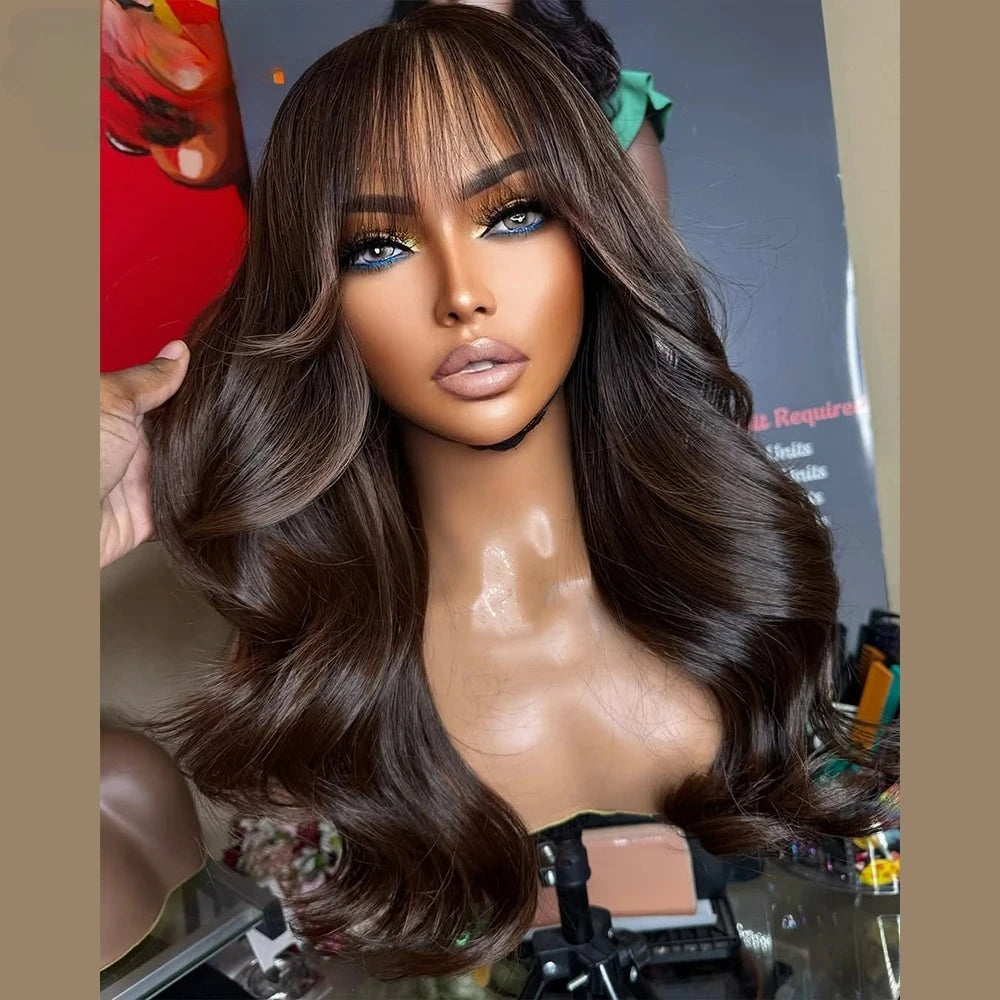 Ginger Wigs Body Wave Lace Frontal Wig With Bangs 13x4 HD Pre Plucked Hairline Transparent Heat Resistant Synthetic Hair Cosplay