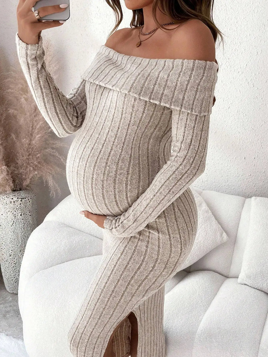 Maternity Pregnant Women Solid Knitted Dress Off Shoulder Slim Fit Long Sleeve Bodycon Dresses Spring Casual Pregnancy Clothing