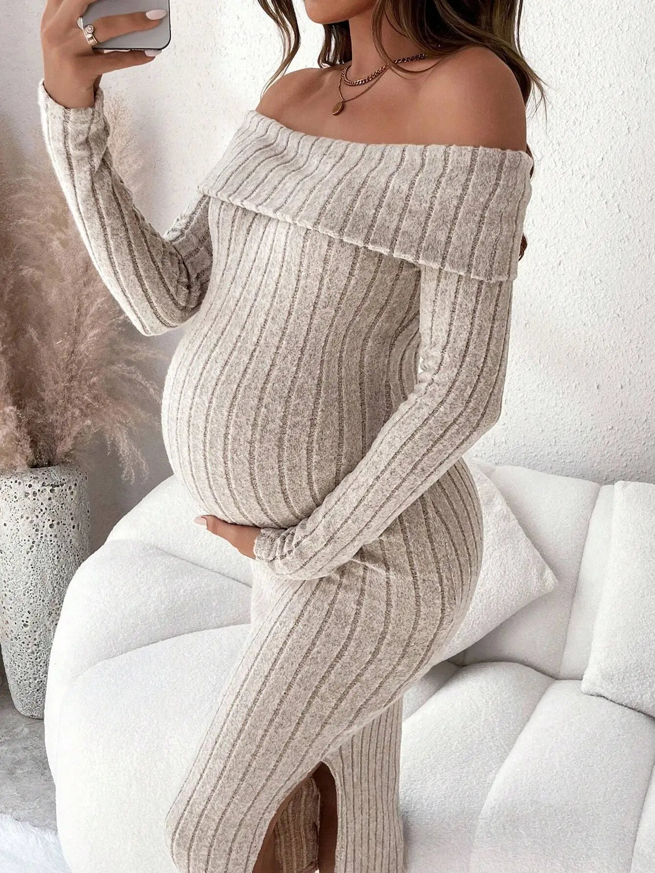 Maternity Pregnant Women Solid Knitted Dress Off Shoulder Slim Fit Long Sleeve Bodycon Dresses Spring Casual Pregnancy Clothing