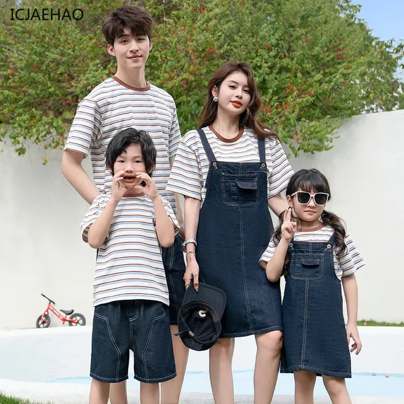 2025 Mom Daughter Father Son Family Matching Summer Cotton Mother Daughter Outfits Twin Wear Casual Striped Tshirt Overalls Set