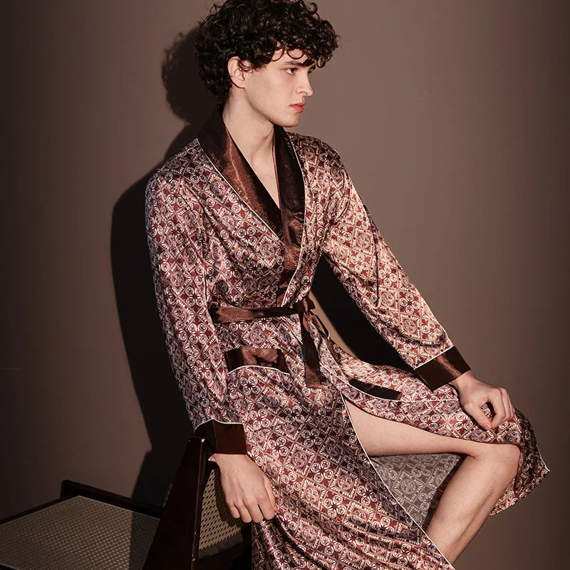 Pajama Men's Robe Kimono Gown Bathrobe with Pockets Print Sleepwear Home Clothing Spring Autumn Satin Nightwear Loose Loungewear