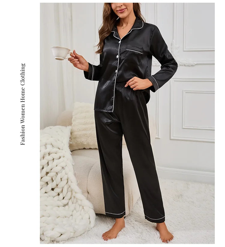 Women Satin Pajamas Autumn Long Sleeve Buttons Lapel Top & Pants Sleepwear 2 Piece Button-Down Pj Set Homewear Cozy Lounge Set