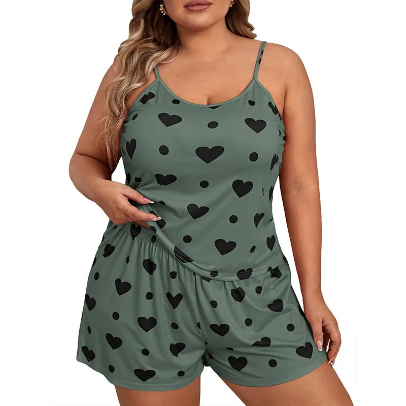 2026 Summer Women's Heart Print Pajama Set Sleeveless Elastic Waist Shorts 2 Pieces Female Sleepwear Nightwear XL-5XL Plus Size