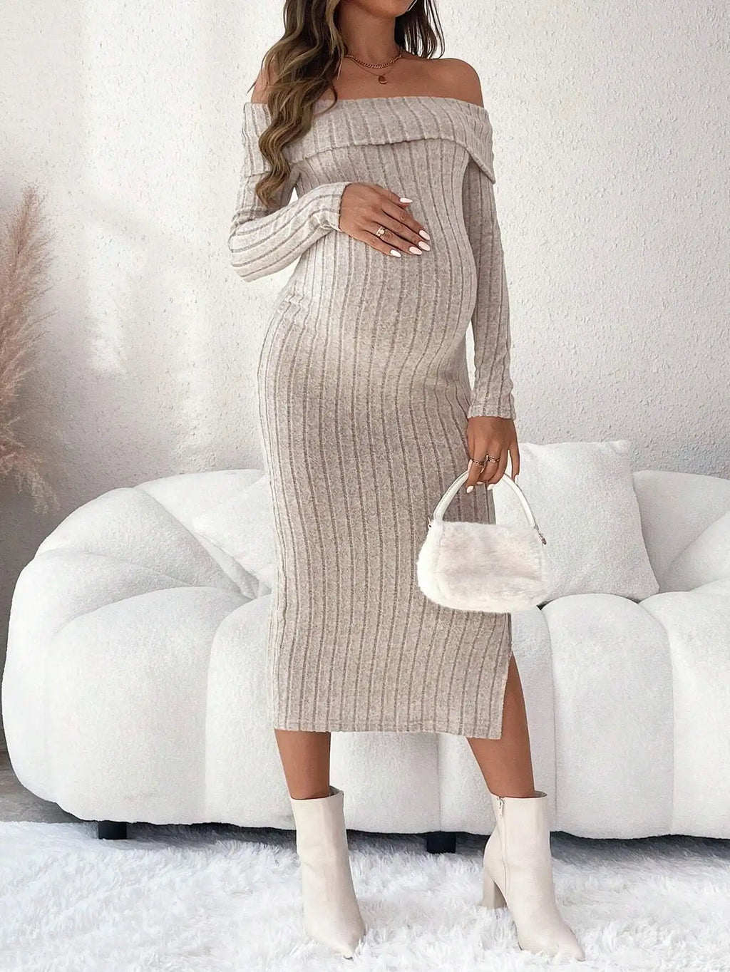 Maternity Pregnant Women Solid Knitted Dress Off Shoulder Slim Fit Long Sleeve Bodycon Dresses Spring Casual Pregnancy Clothing