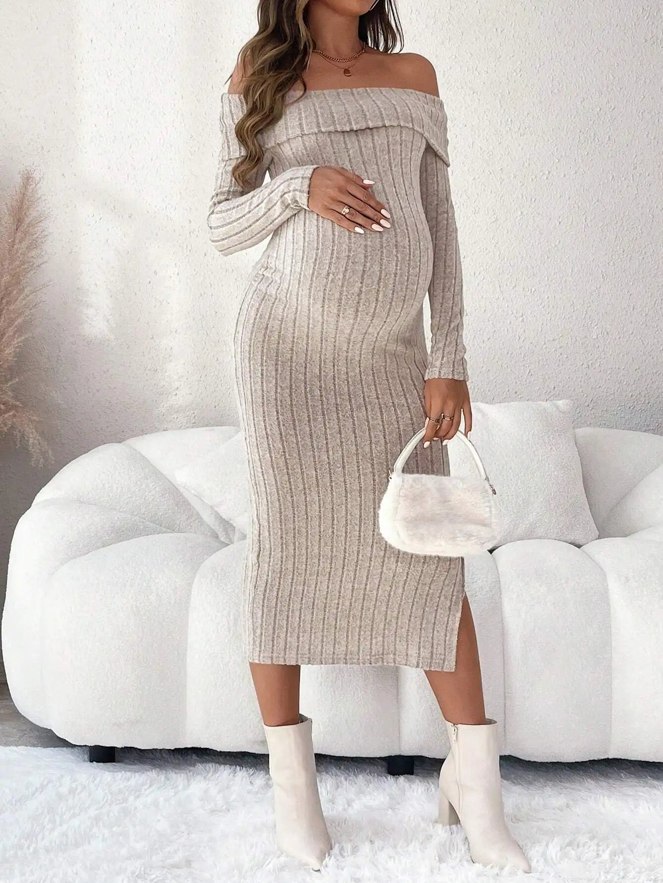 Maternity Pregnant Women Solid Knitted Dress Off Shoulder Slim Fit Long Sleeve Bodycon Dresses Spring Casual Pregnancy Clothing