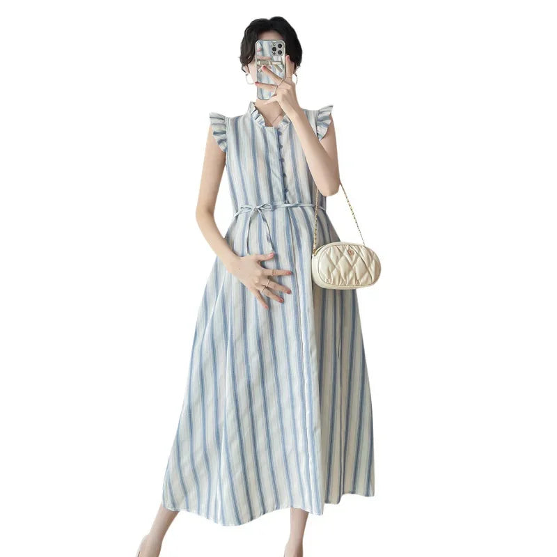 Maternity Clothes Spring Autumn Pregnancy Dresses Pregnant Women Lantern Sleeve High Waist V Neck  Clothing