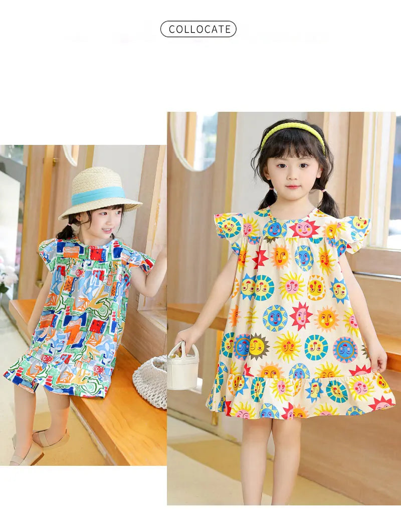 Girl Dresses100% Cotton Children's Clothing Summer Kids Clothes Girls Party Princess Fashion Outfit Flower Pattern Beach Dresses