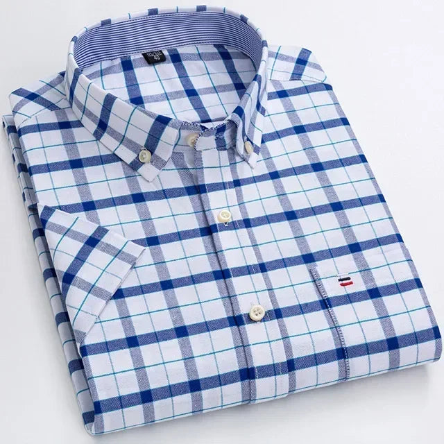 2026 100% Pure Cotton Men's Oxford Short Sleeve Square Collar Soild Plaid Striped Summer Casual Shirts Single Pocket  Shirt