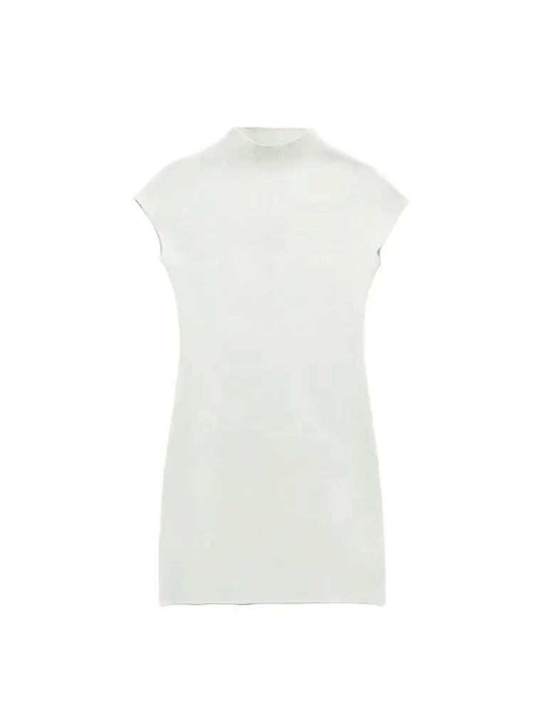 TRZA Women Fashion Stretch Knit Mini Dress Vintage High Neck Sleeveless Female Dresses Vestidos Mujer