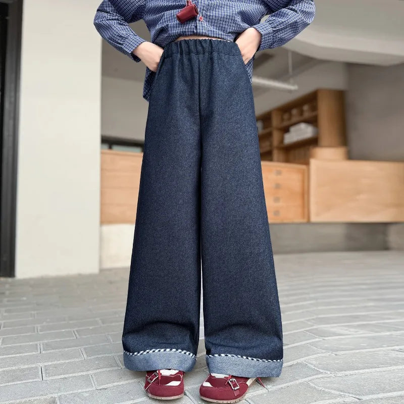 Girls Clothing Set Fashion Children Blue Plaid Loose Fit Sweet Doll Shirt +Cowboy Wide Leg Pants Two-piece Set Spring Autumn