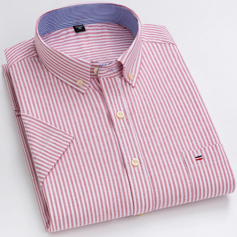 2026 100% Pure Cotton Men's Oxford Short Sleeve Square Collar Soild Plaid Striped Summer Casual Shirts Single Pocket  Shirt