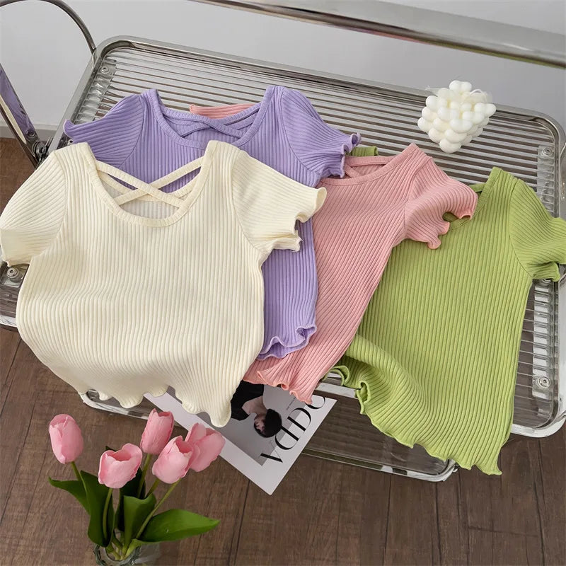 Girls T-Shirt Summer Children Short-Sleeved Casual Thin Soft Tops Simple Solid Color Kids Clothing 2-6 Years Baby Tees