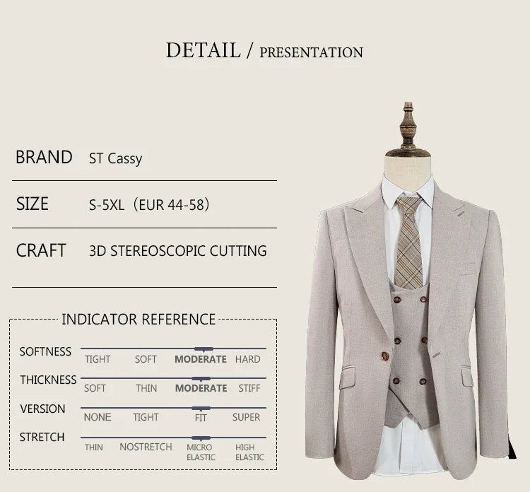 elegant man suits high quality 3 piece （Jacket + vest + pants）slim fit formal office and leisure banquet groom's suit