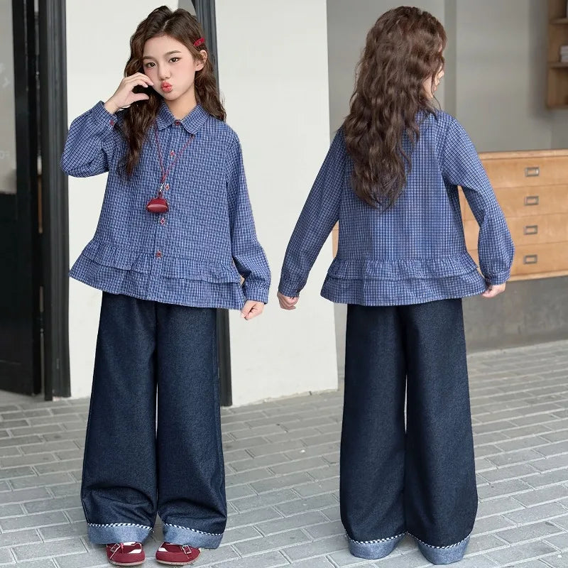 Girls Clothing Set Fashion Children Blue Plaid Loose Fit Sweet Doll Shirt +Cowboy Wide Leg Pants Two-piece Set Spring Autumn