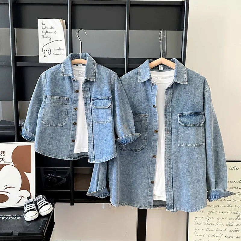 ‌2026 Mother-Child Mother and Son Daughter Matching Fashion Outfits Denim Jacket & Shirt Casual Kids and Adults Tops Autumn