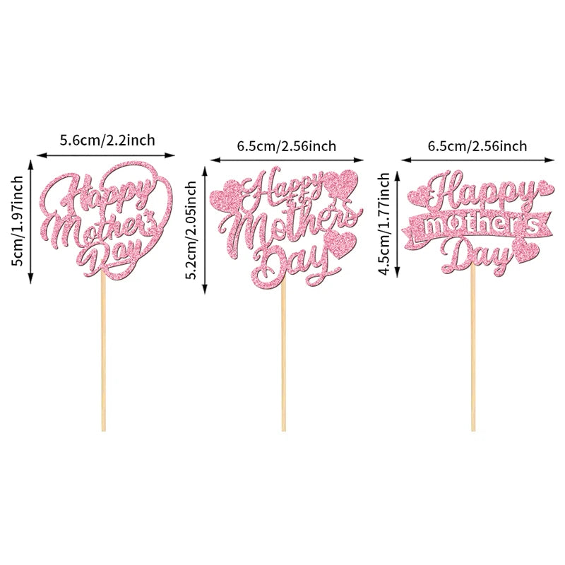 YOMDID 24Pcs Happy Mother's Day Cupcake Toppers Glitter Happy Mother's Day Heart Cake Toppers Cake Decorations for Mothers Day