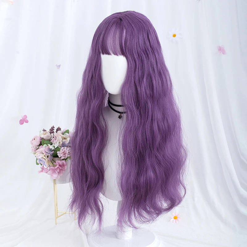 VICWIG Synthetic Hair Long Wavy Purple Green Black Blue Brown Cosplay Wig with Bangs for Women