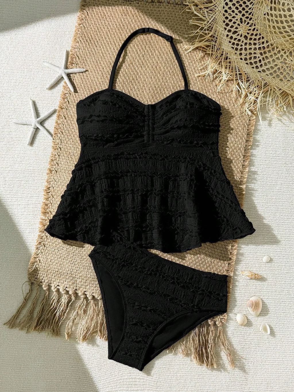 2pcs Tween Girl Black White Color Bikini Swimsuit Set Solid Color Swimwear For Children Girls for Summer Beach Holidays Outfit