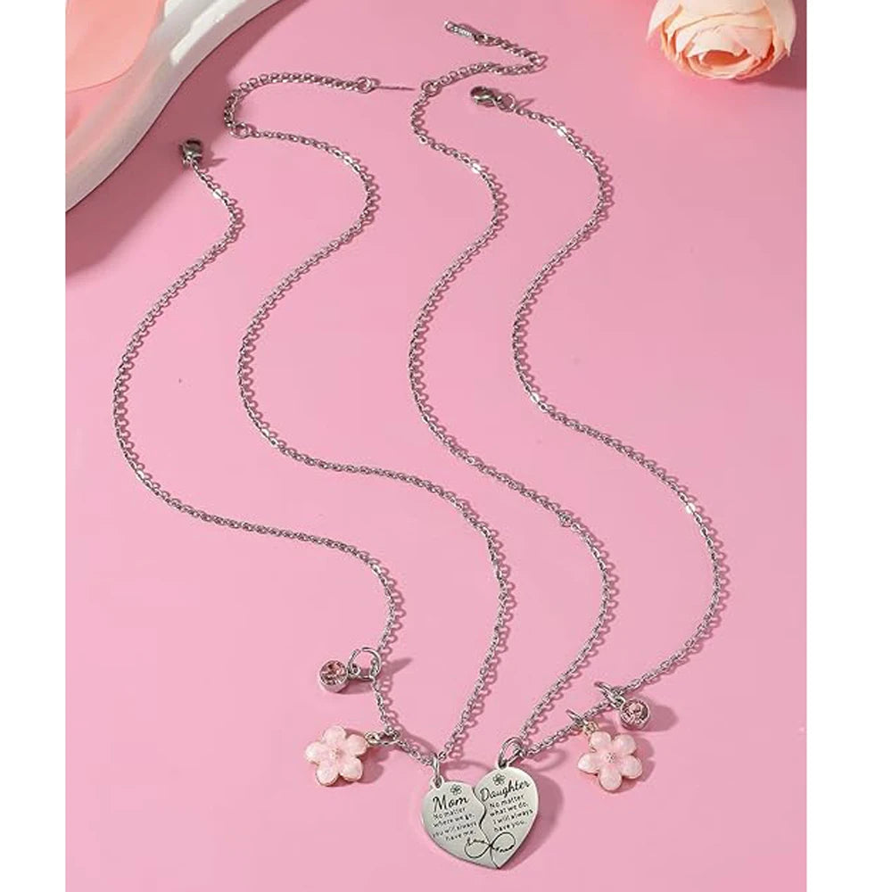 Mother Daughter Necklace for 2 Gifts - Pink Flower Heart Matching Necklace for Mom Women Mother Day Gift from Daughter