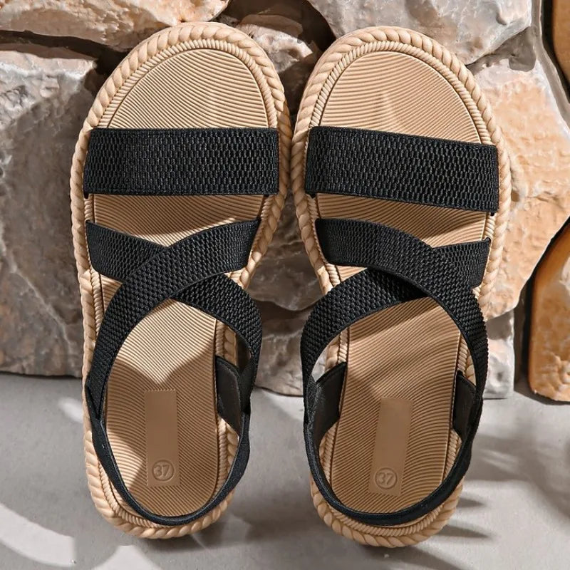Summer New Flats Sole Women Sandals Fashion Cross Band Plus Size 43 Beach Sandels 2025 Hot Seller Ladies Vacation Zapatillas