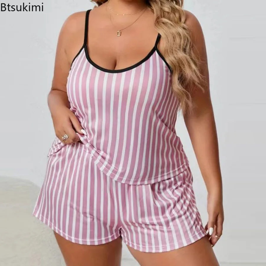 2026 Summer Women's Heart Print Pajama Set Sleeveless Elastic Waist Shorts 2 Pieces Female Sleepwear Nightwear XL-5XL Plus Size
