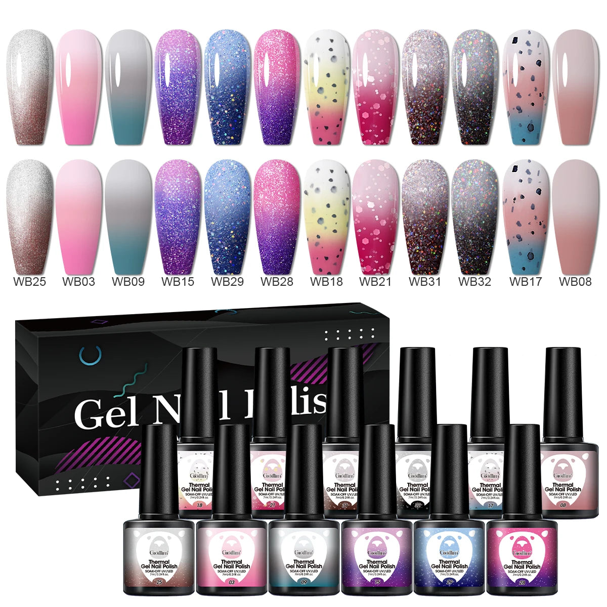 12-Piece Heat-Sensitive Nail Polish Set - Color-Changing, Glittery, Water-Absorbing Nail Polish for Hand and Nail Art, Long-Last