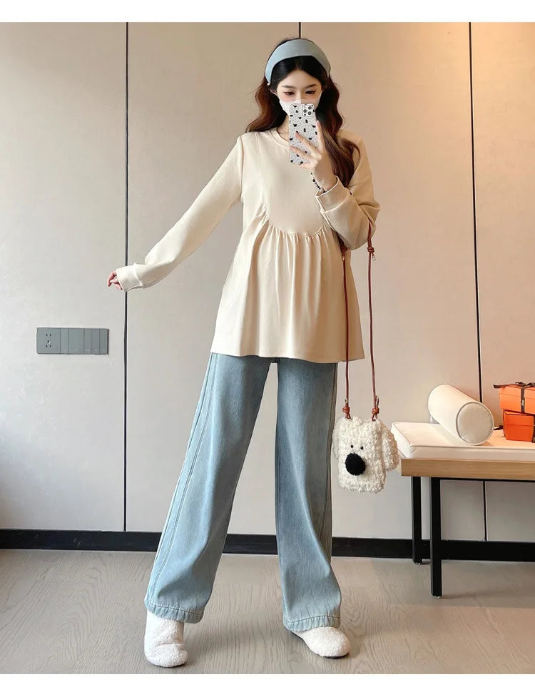 Maternity Sweatshirt Spring Autumn Simple Casual Cute Loose Slim Comfortable Round Neck Long Sleeve Sweatshirt For Pregnancy