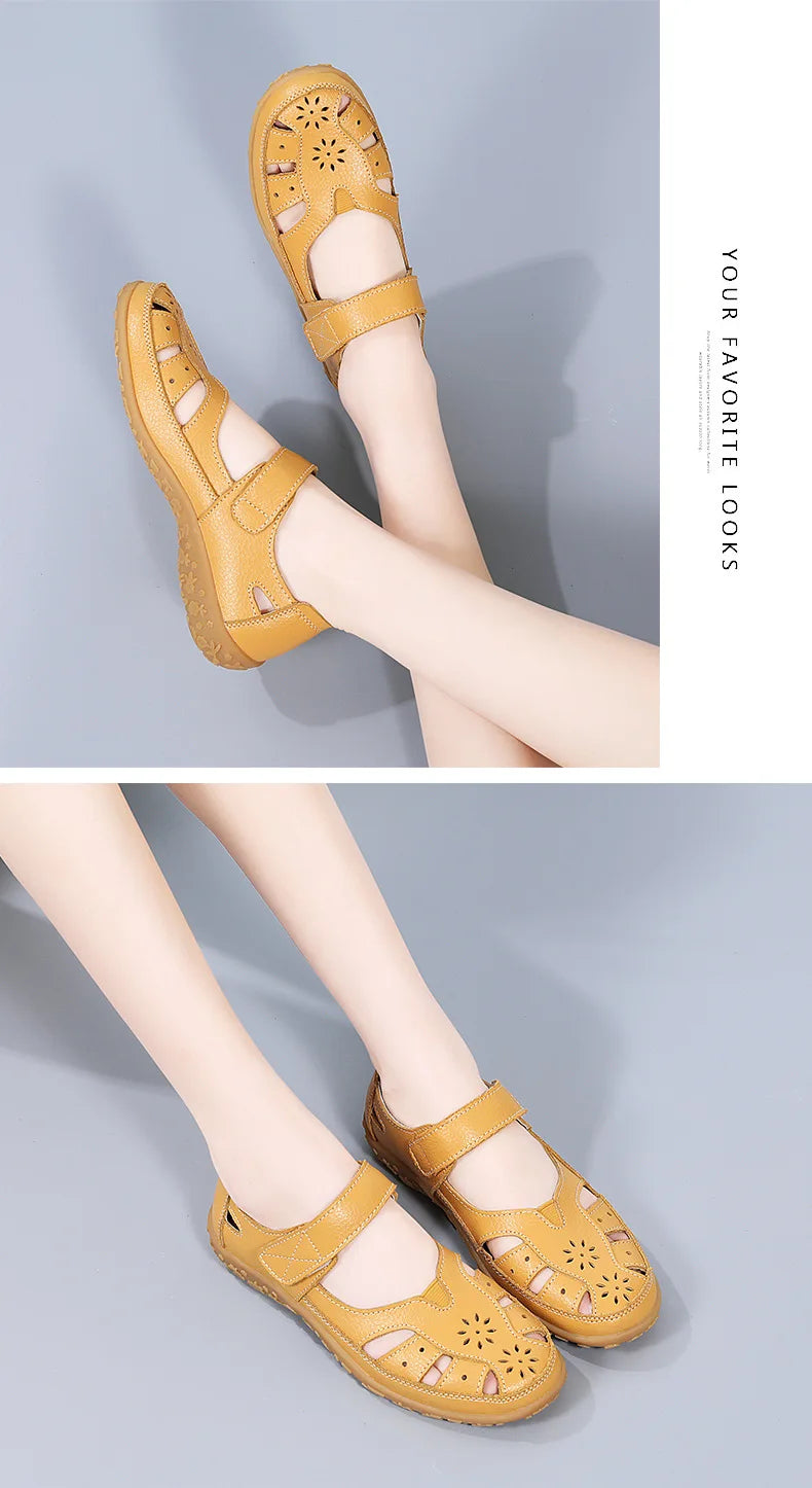 Sandals Summer Breathable Leather Slippers Women Fashion Non-Slip Casual Roman Shoes Ladies Sandals on Sale Off White Shose