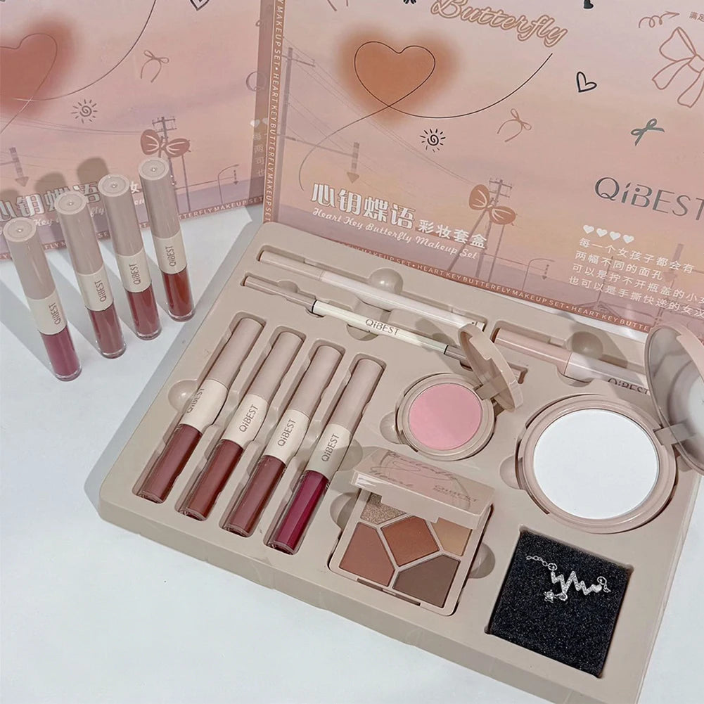 Marie Set de Maquillaje Facial de Regalo — Brillo Labial Doble Punta, Polvo Compacto, Rubor, Sombras, Lápiz de Cejas, Delineador y Aceite Labial
