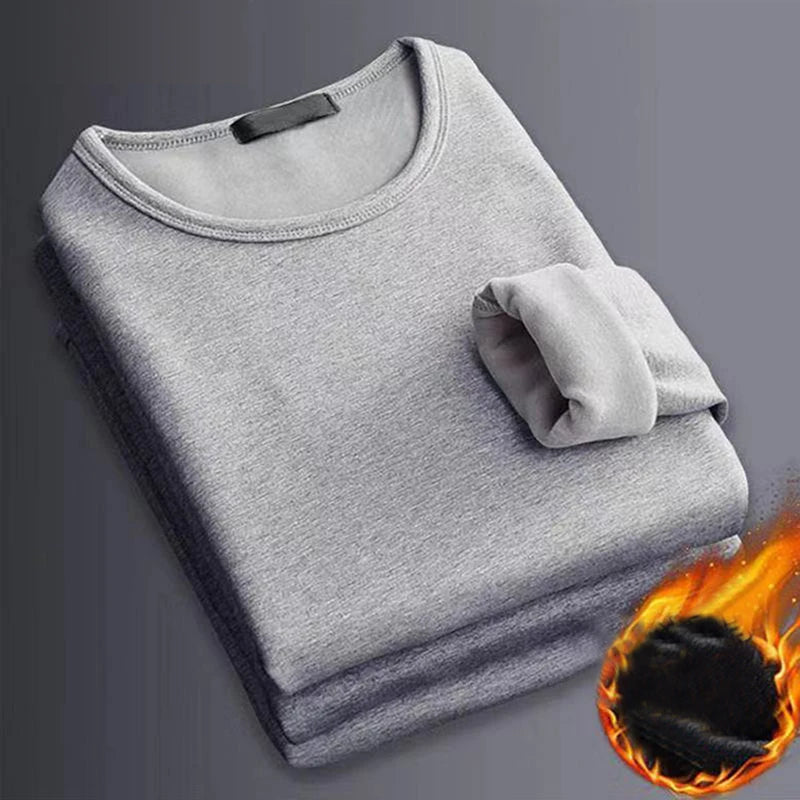 Epligg 1PCS Men's Long-sleeved Winter Thermal Underwear Plus Velvet Padded T-shirt Slim Solid Color O-Neck Bottoming Shirt