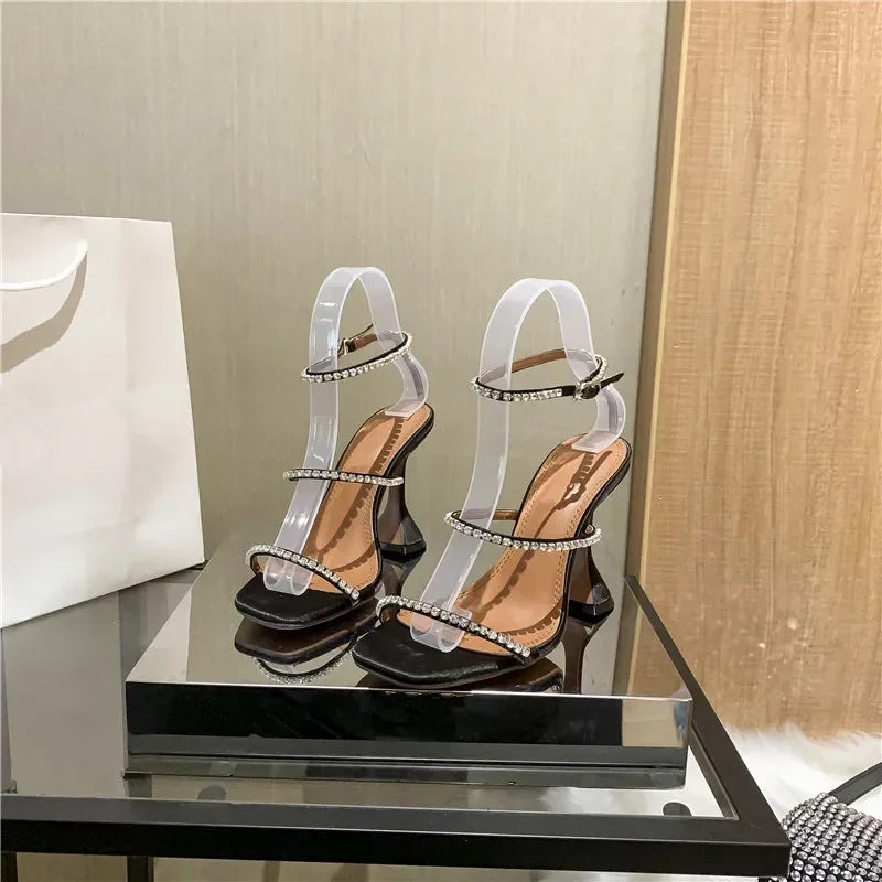 Women's Sandals  European and American Summer New High Heels Banquet Fashion Rhinestone Chain Open Toe Fine Heel Roman Sandals