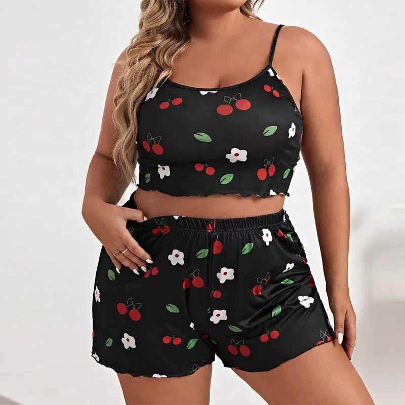 2026 Summer Women's Heart Print Pajama Set Sleeveless Elastic Waist Shorts 2 Pieces Female Sleepwear Nightwear XL-5XL Plus Size