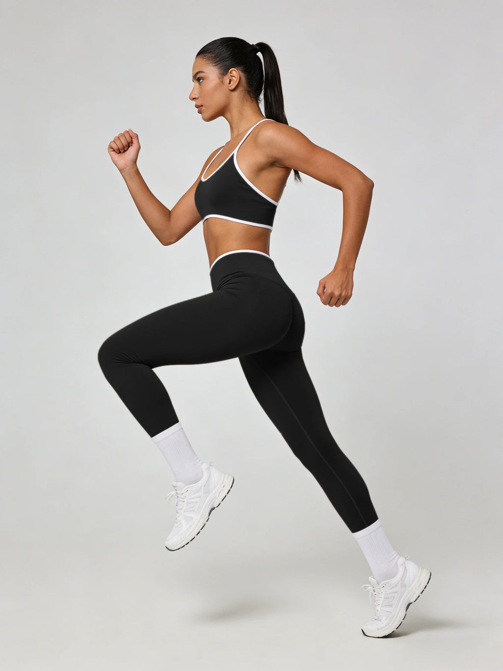 Women 2 Piece Yoga Set Black White Contrast Trim Thin Strap Sports Bra & High Waist Leggings Seamless Workout Gym Fitness Outfit