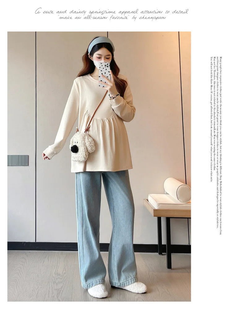 Maternity Sweatshirt Spring Autumn Simple Casual Cute Loose Slim Comfortable Round Neck Long Sleeve Sweatshirt For Pregnancy