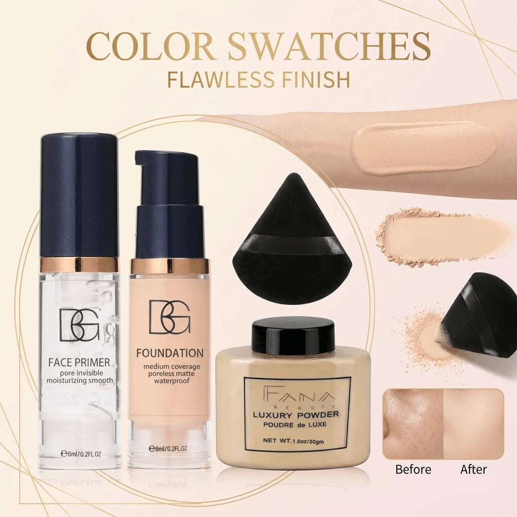 Marie Set de Maquillaje Facial de 4 Piezas — Primer Suavizante, Base Mate, Polvo Fijador con Borla, Paquete Impermeable de Larga Duración**