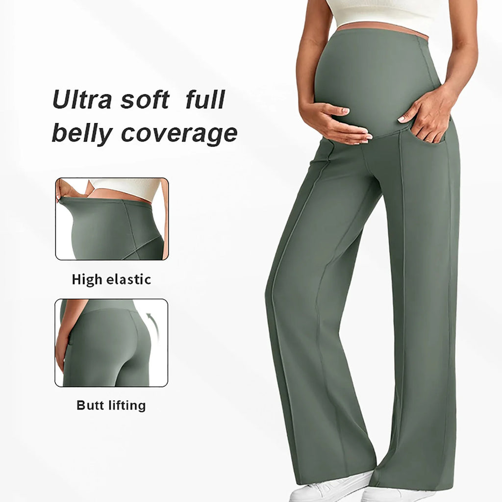 Maternity Pants Over The Belly Yoga Dress Elastic Waistband Stretchy Wide Leg Work Pregnancy Trousers with Pockets Sportswear