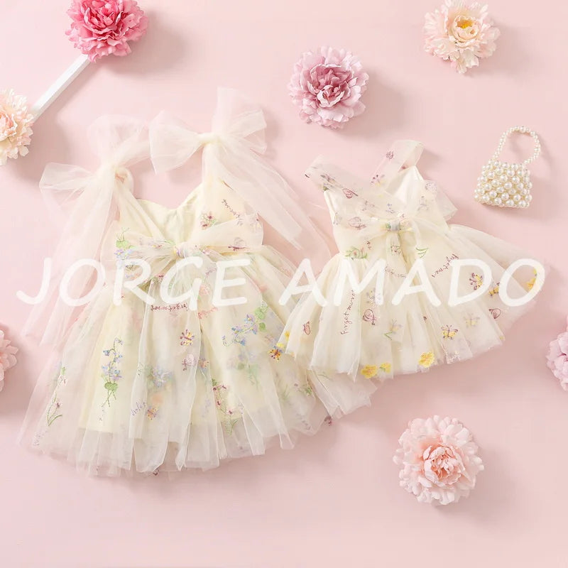 2026 Easter Kids Dress Girl Summer Dress Floral Bow Sleeveless Dance Performance Dress Girls Clothes E1236