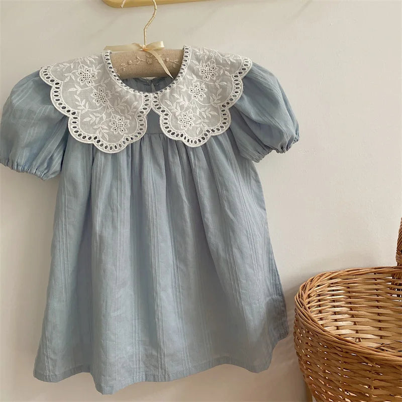 deer jonmi 2026 New Summer Baby Girls Princess Dresses Short Sleeve Korean Style Lace Collar Toddlers Kids Cotton Cute Dress