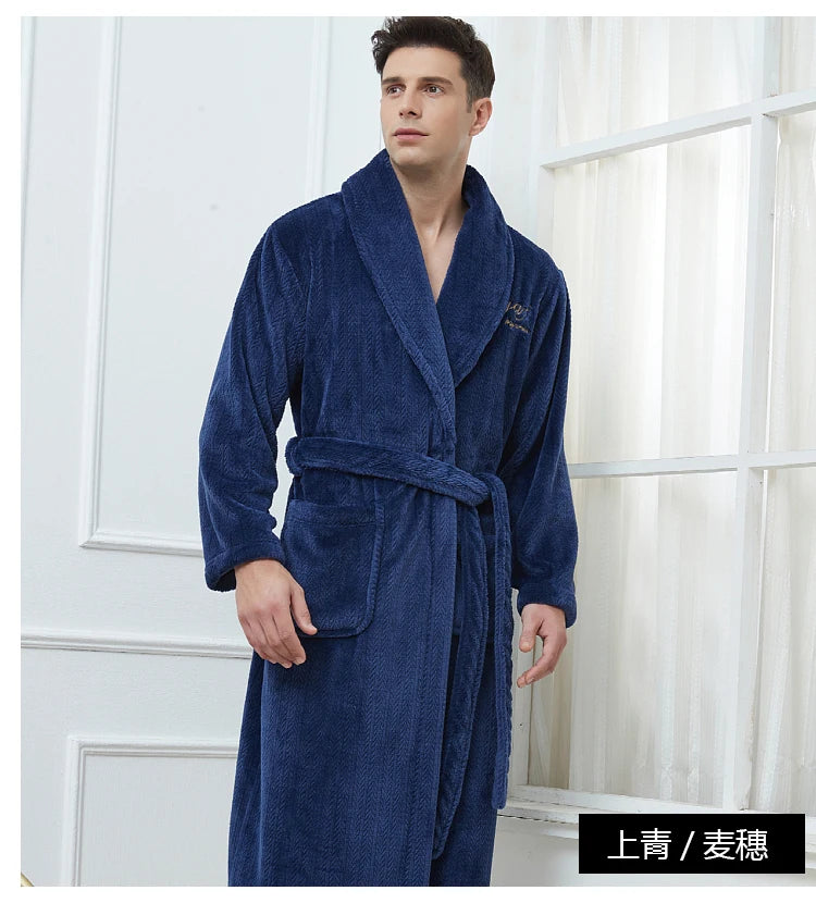 Plus Size 3XL 4XL Men Flannel Robe Winter Thickened Sleepwear Kimono Bathrobe Gown Warm Coral Fleece Loose Home Wear Nighwtear