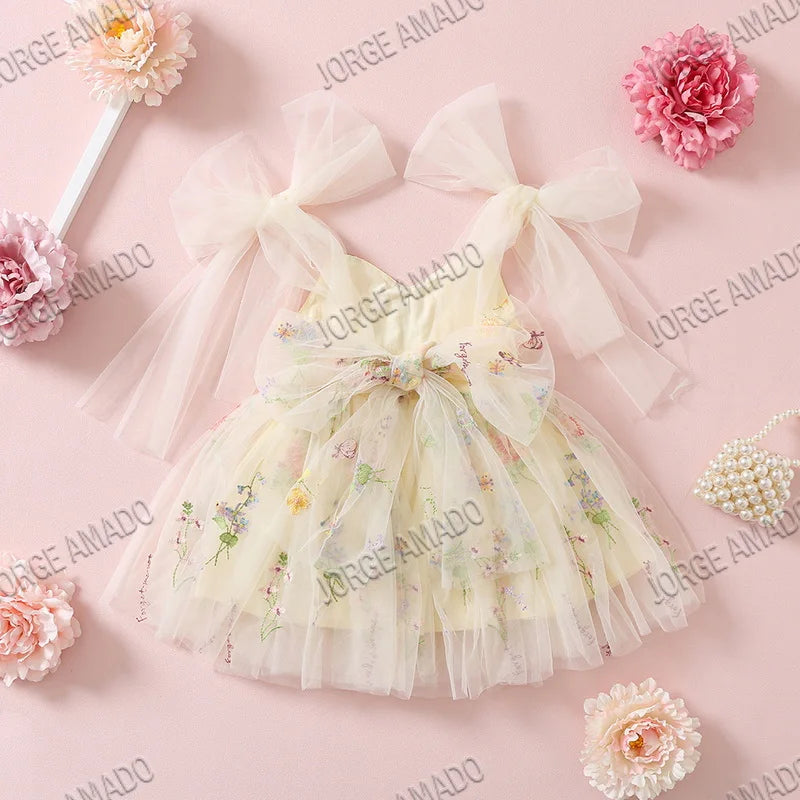 2026 Easter Kids Dress Girl Summer Dress Floral Bow Sleeveless Dance Performance Dress Girls Clothes E1236