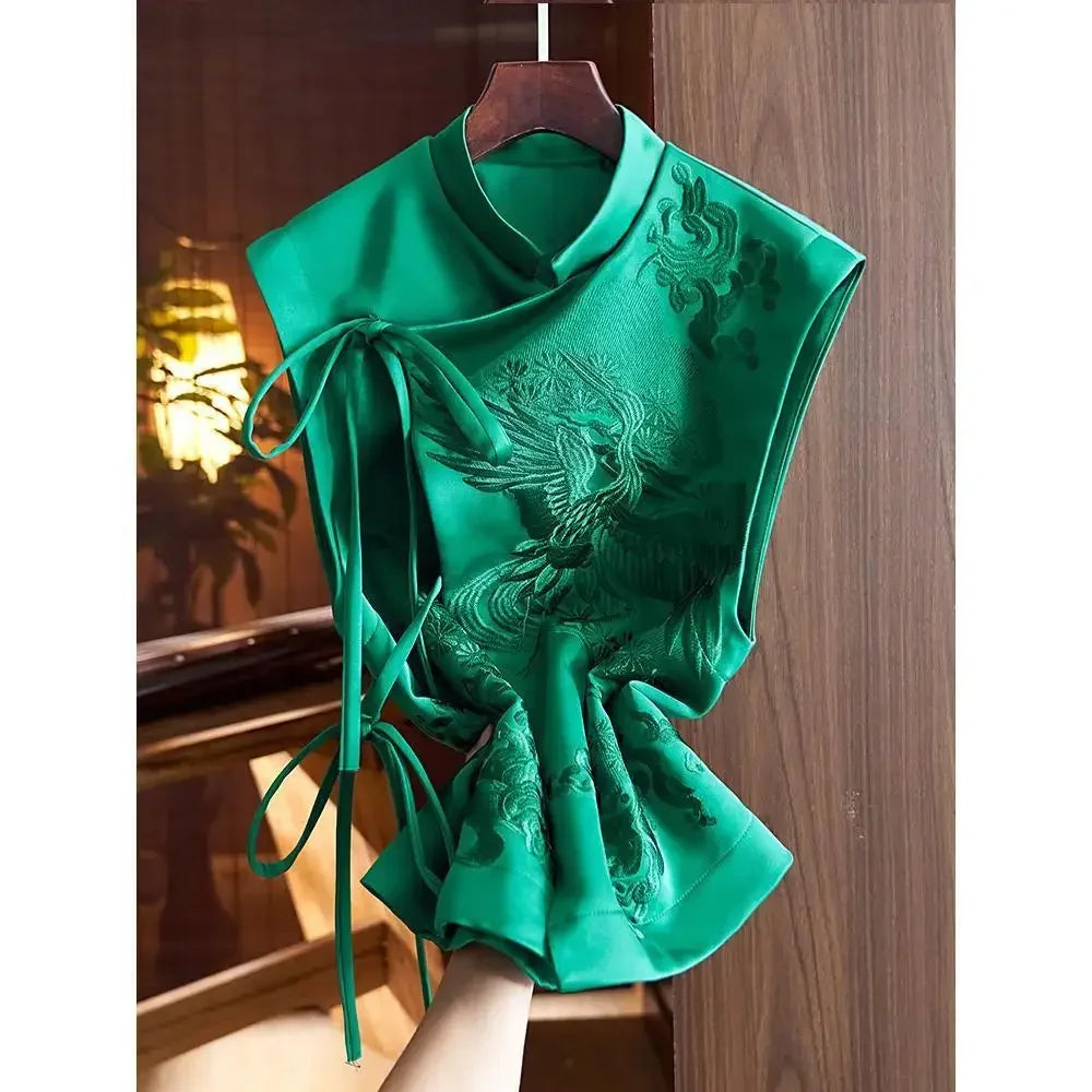 Chinese Style Top Women Tang Clothes Embroidery Phoenix Flower Qipao Lady Vest Vintage Clothing Casual Carnival Dress Up Party
