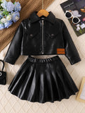 Children's Clothing for Girls, Spring and Autumn Stylish Pu Jacket and Versatile Short Skirt Two-Piece Set, New Fashion Street-Style Cool Half Skirt, Easy to Clean, New Versatile Pu Leather Outfit