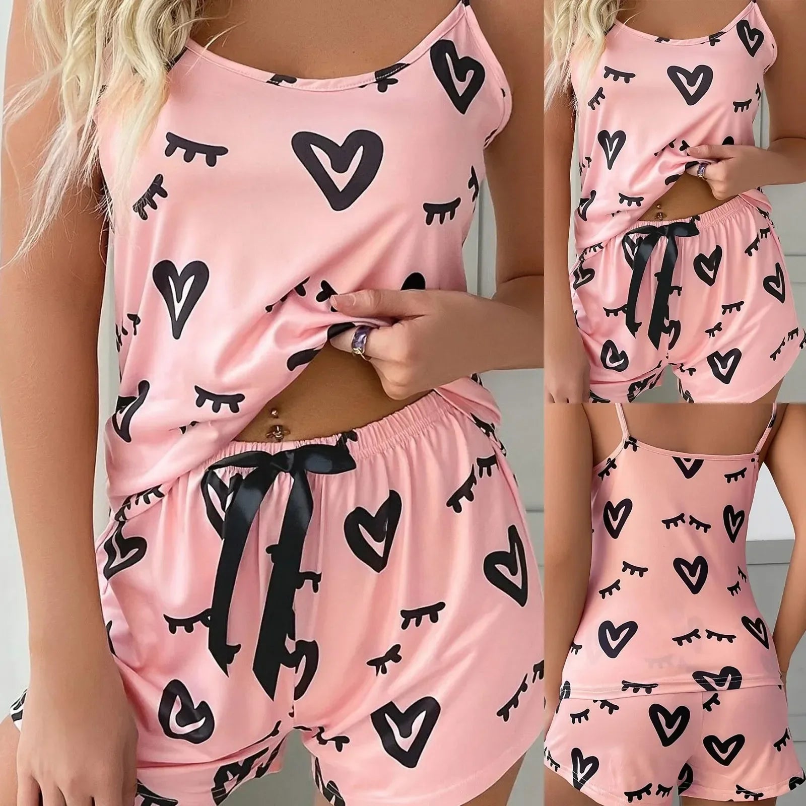 2PCS Women Pajama Set Heart Print Cami Top and Shorts Cute Satin Sleepwear Loungewear Summer Nightwear Homewear Outfit