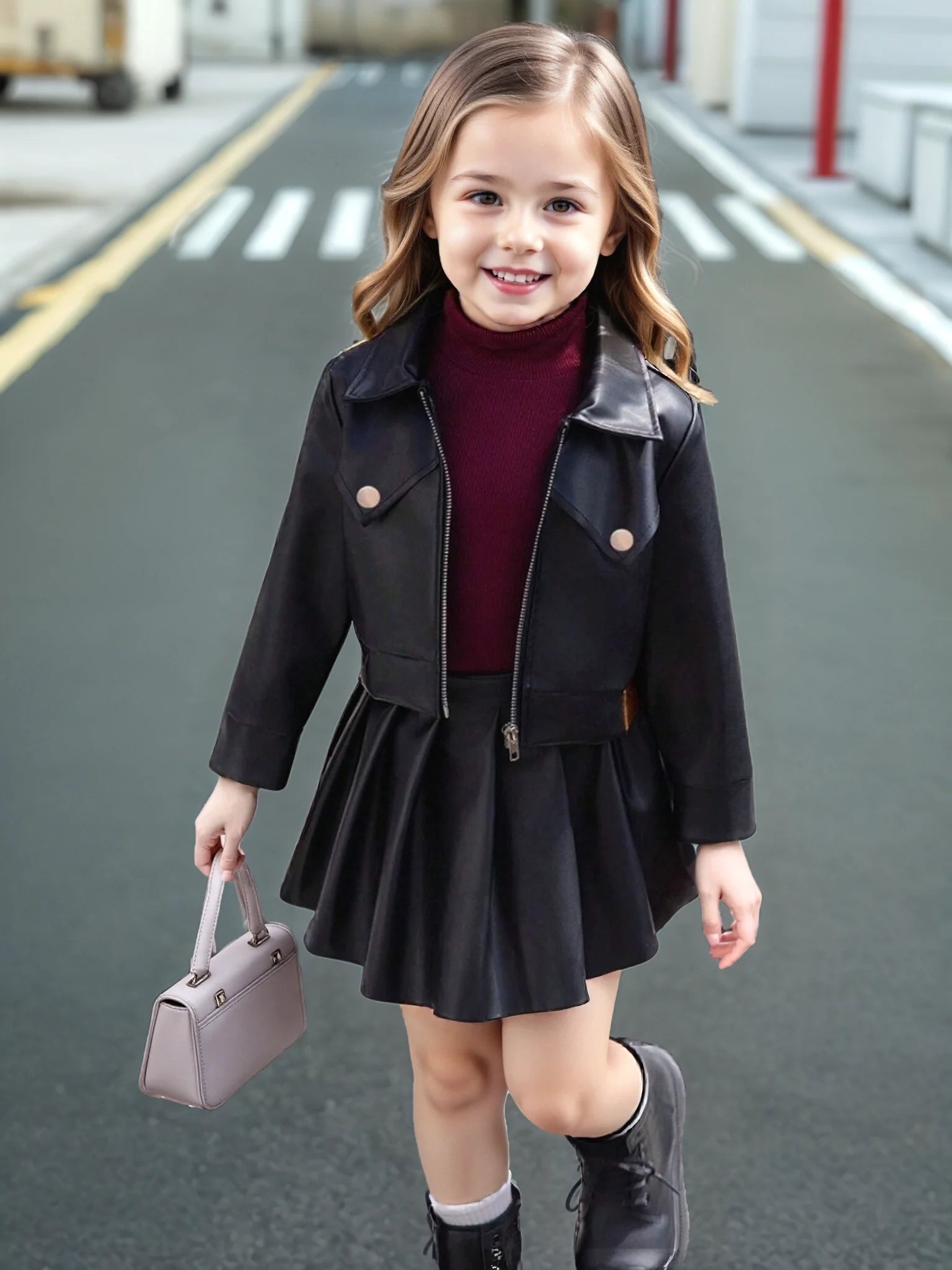 Children's Clothing for Girls, Spring and Autumn Stylish Pu Jacket and Versatile Short Skirt Two-Piece Set, New Fashion Street-Style Cool Half Skirt, Easy to Clean, New Versatile Pu Leather Outfit