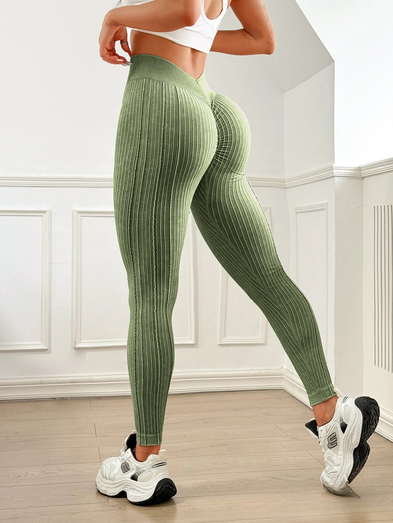 Womens High Waisted V Shaped Waistband Sand Washed Ribbed Yoga Leggings Peach Booty Lifting Fitness Pants for Workout