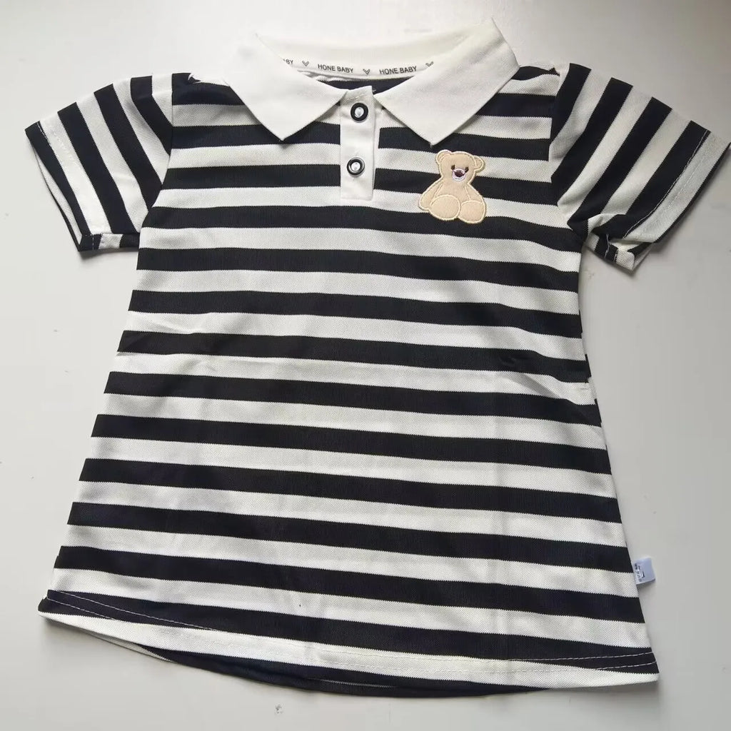 Girls Stripe Bear Polo Dress Summer Short Sleeve Flip Collar Baby Academy Style Trendy Dress Girls Aged 2-10